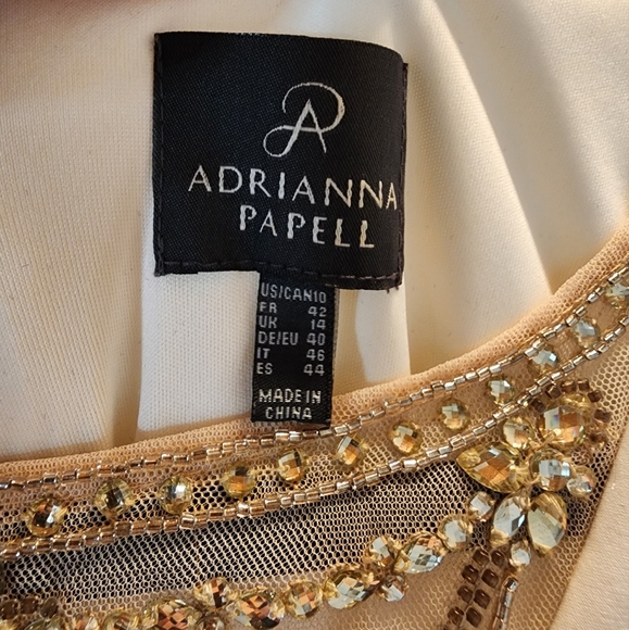 Adrianna Papell Illusion Beaded Neckline Slit Gown Ivory EUC 10 - Picture 7 of 7